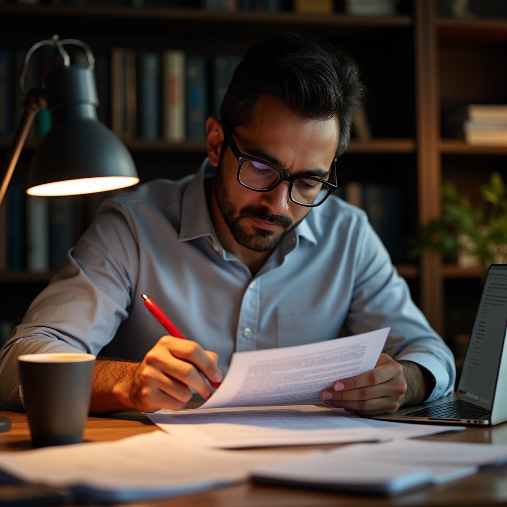 Professional reviewing an article draft at a well-lit desk with notes and a laptop