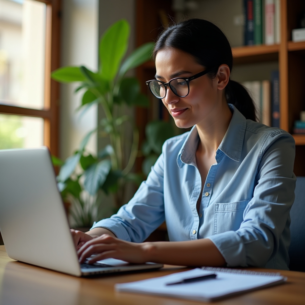 Professional working at laptop with tax forms visible on screen