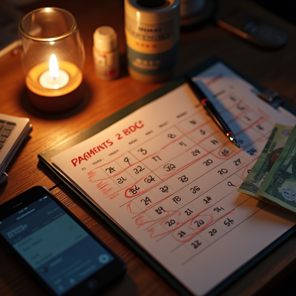 Calendar with payment due dates circled and Argentine peso notes nearby