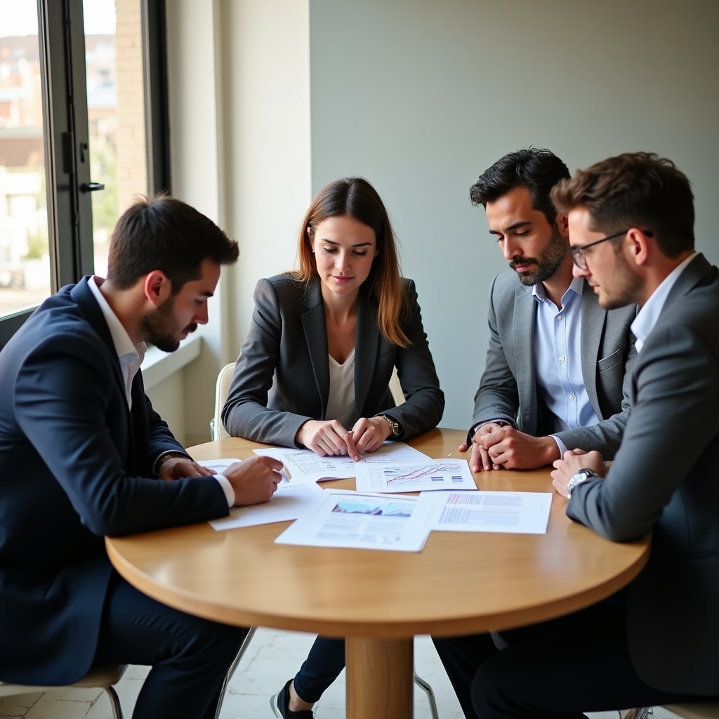 Diverse team of Argentine professionals collaborating around a table with documents