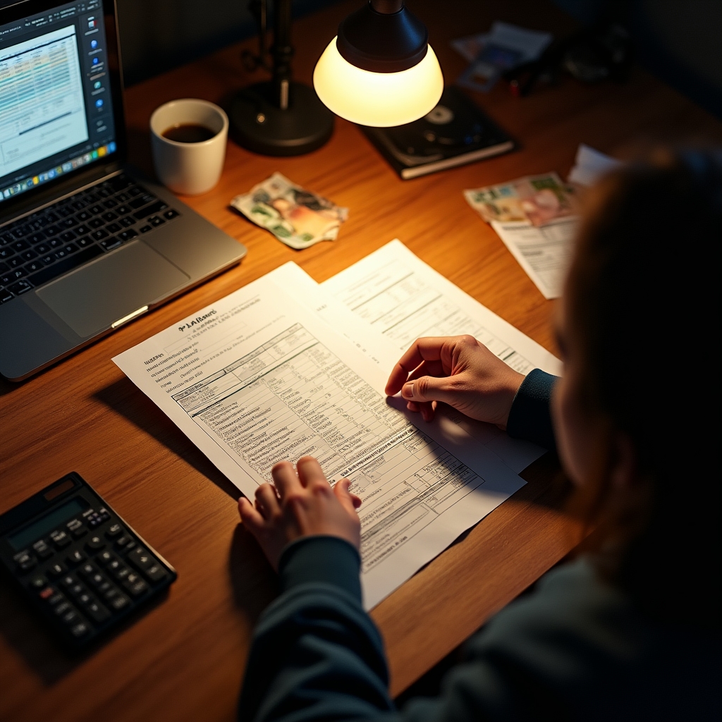 Person reviewing Argentine income tax documents at a home desk